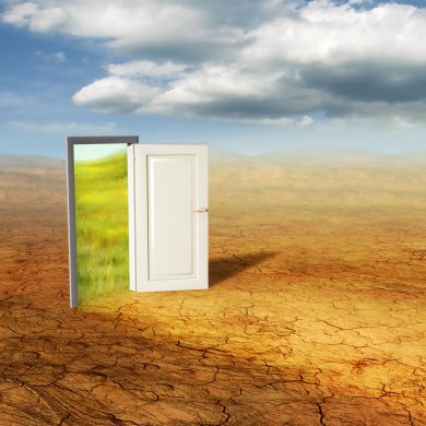 An open door revealing a different dimension. Digital illustration.